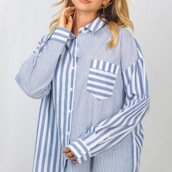 new WHITE BIRCH WOVEN BUTTON DOWN SHIRT BLOUSE western boho stripe blue SM-4X - Picture 4 of 8